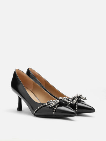 PAZZION, Knox Studded Bow Pointed Toe Heels, Black
